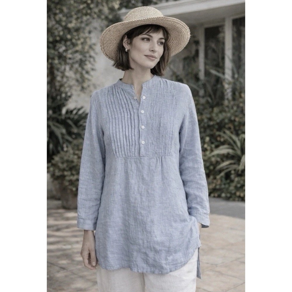 Pinecone Hill Linen Tunic Size L Pintuck Pleats Blue Band Collar Coastal Beachy - Picture 3 of 7